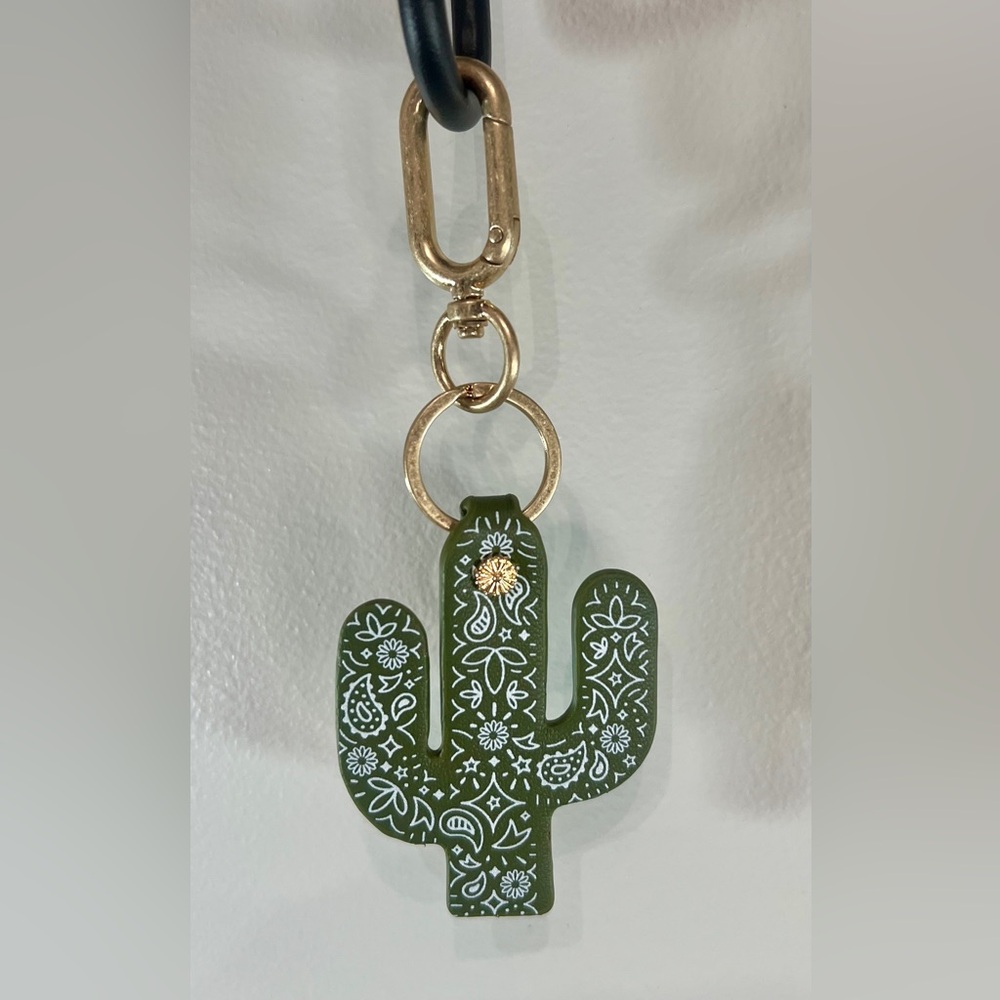 Green Cactus Keychain with White Floral Print